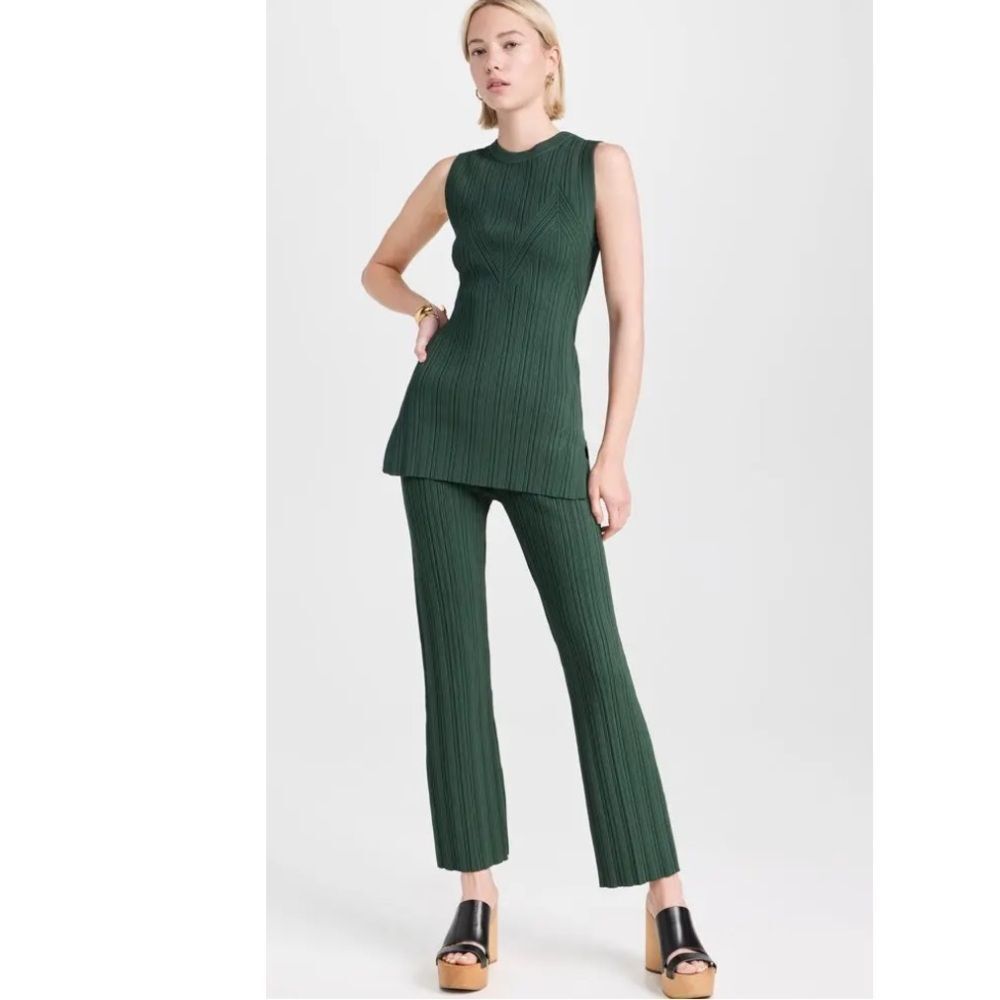 Veronica Beard Green Massaro Cropped Ribbed-Knit Flare Leg Pants NWT $478